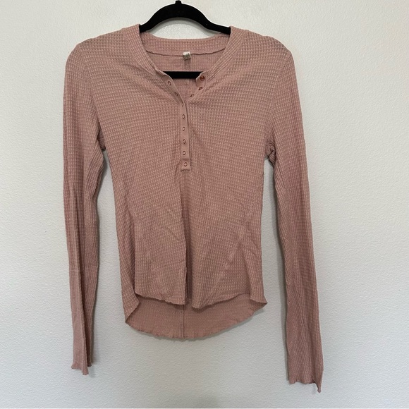 Free People Women's Amelia Cotton Waffle Knit Thermal Top Black Size Large